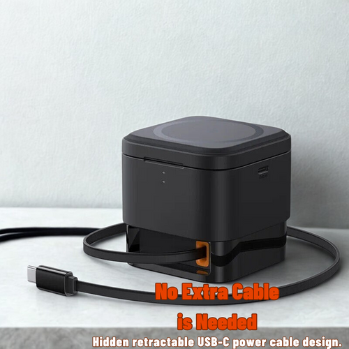 Black power adapter with retractable USB-C cable on a light gray background